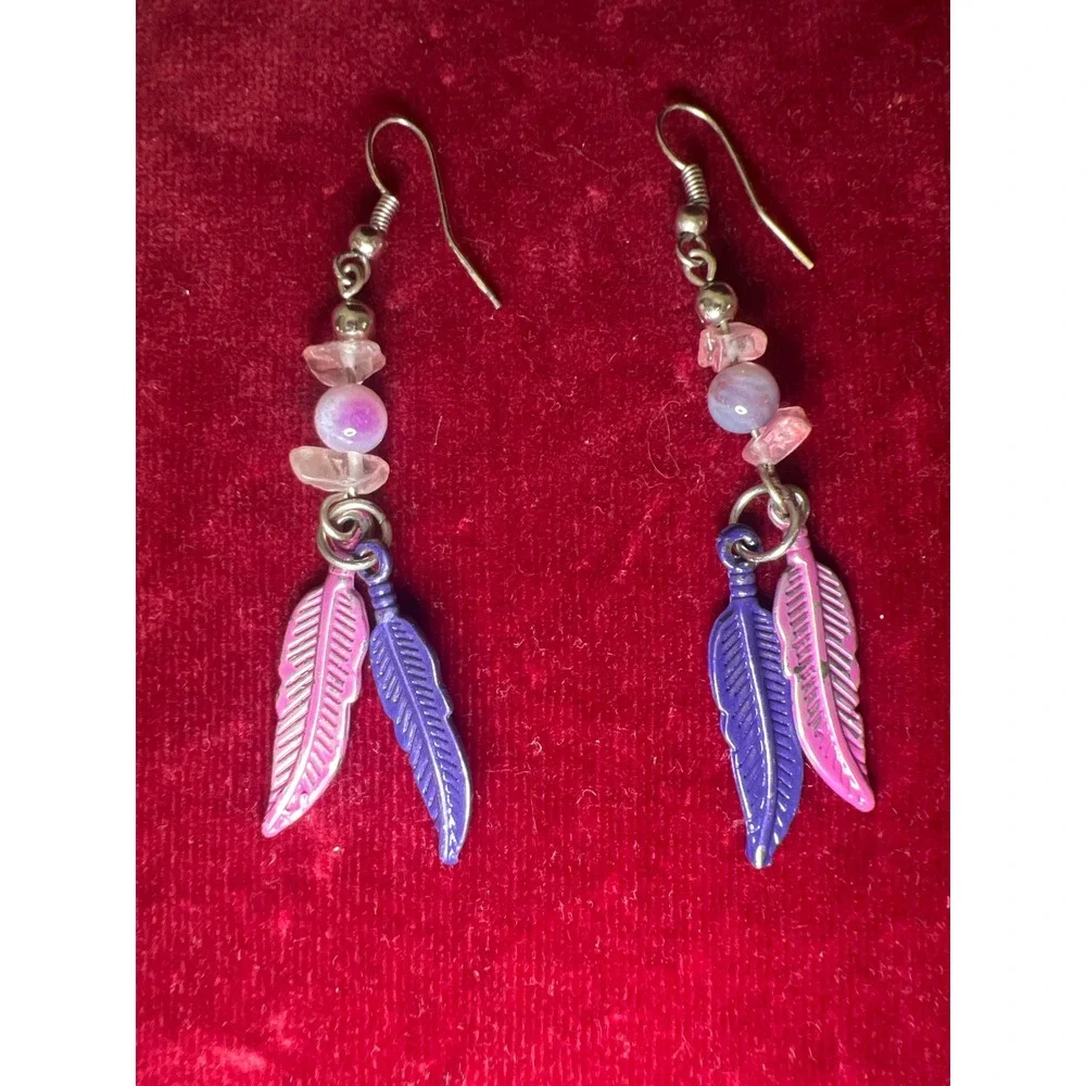 Boho Feather Earrings Pink Purple Beaded Dangle Drop Tribal‎ Festival